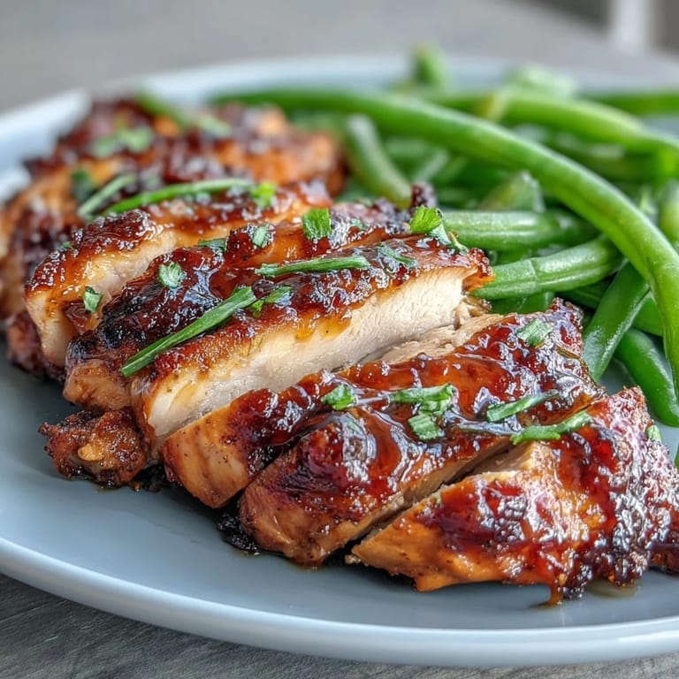 A close-up of Honey Mustard Chicken with Green Beans, juicy chicken breasts coated in glossy honey mustard glaze, fresh green beans adding crisp color and texture.