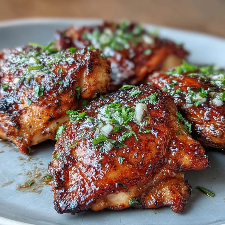 2. Juicy bone-in chicken thighs baked in a rich honey garlic glaze, garnished with parsley and sesame seeds for a flavorful meal.