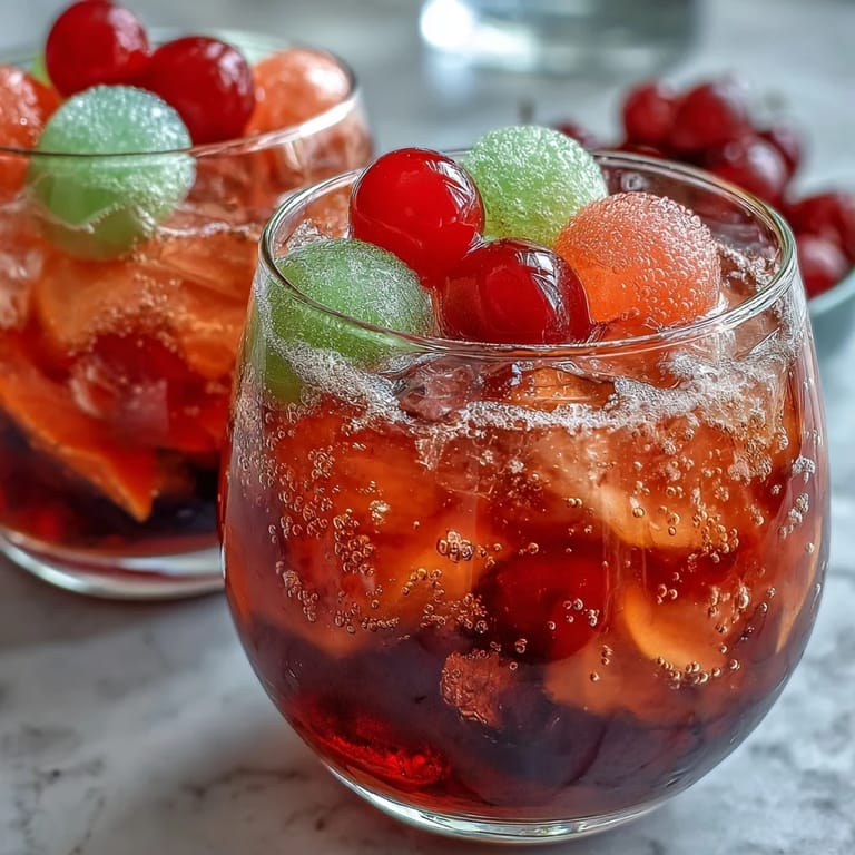 Easy graduation party punch with sherbet and Sprite, a festive, foamy beverage combining fruity sherbet, pineapple juice, and soda, served with maraschino cherries and fruit slices.