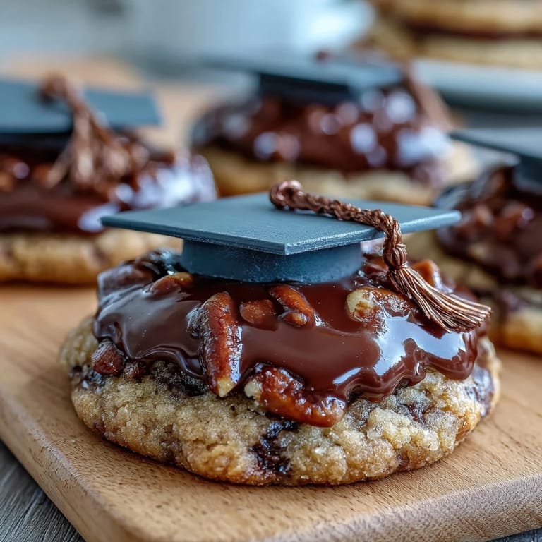 Sweet sugar cookies shaped like graduation caps, topped with smooth royal icing and candy details for a fun party dessert.  