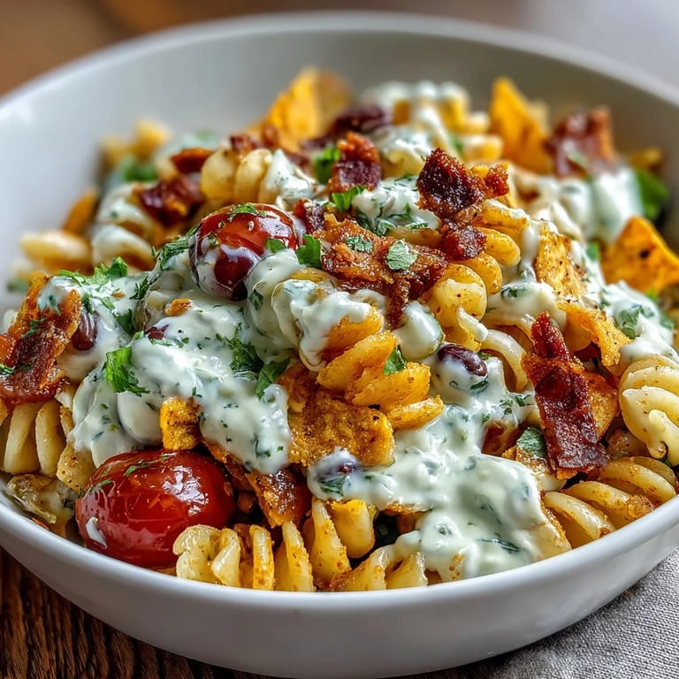Creamy Avocado Ranch Taco Pasta Salad with Doritos, loaded with black beans, corn, and cheddar cheese.