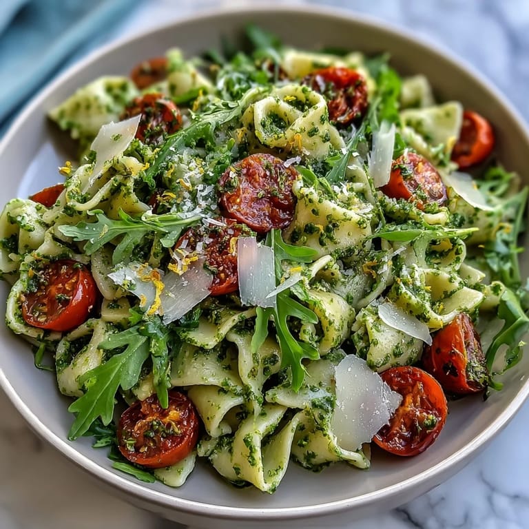 Creamy homemade pesto pasta salad with cherry tomatoes, arugula, and parmesan shavings.