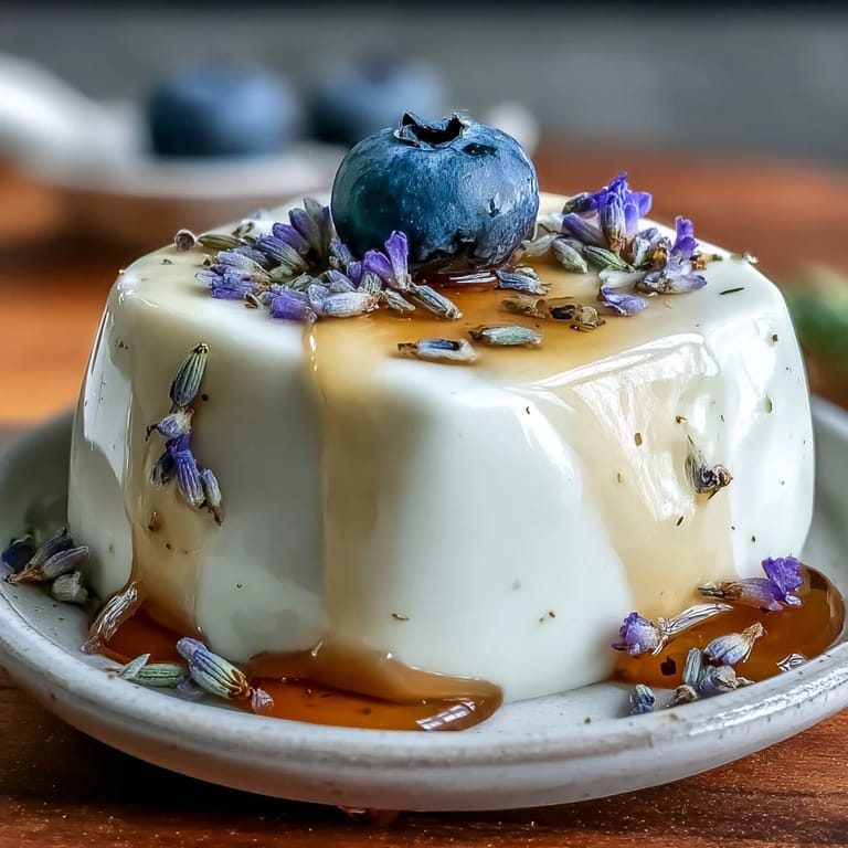 Elegant Italian dessert featuring creamy honey lavender panna cotta, delicate edible flowers, and a light honey glaze for spring gatherings.