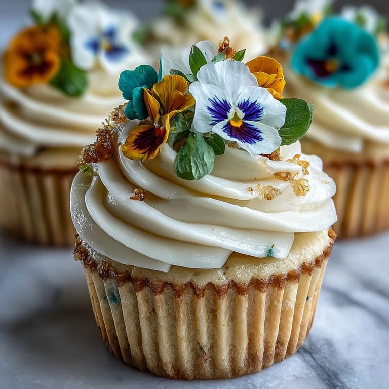 Soft vanilla cupcakes frosted with creamy buttercream and adorned with vibrant edible flowers—perfect for spring celebrations or garden parties.