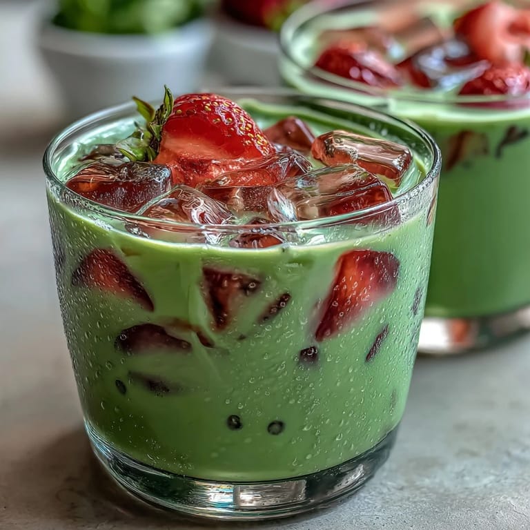 Close-up of a layered Strawberry Matcha Latte with Oat Milk, featuring bright pink strawberry puree, smooth oat milk, and earthy matcha, garnished with sliced strawberries for a vibrant, vegan-friendly beverage.