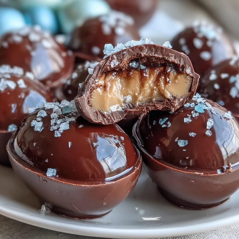 Elegant dark chocolate peanut butter Easter eggs, finished with flaky sea salt, offering a rich and indulgent homemade treat.