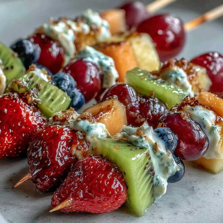 Close-up of Rainbow Fruit Skewers with Honey Dip, showcasing fresh, colorful fruit pieces on wooden sticks, perfect for kids' parties or nutritious after-school treats.