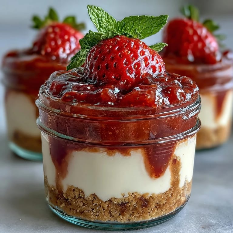 3. Refreshing no-bake strawberry cheesecake jars combining rich cream cheese filling, zesty lemon notes, and sweet strawberry topping, served chilled in glass jars.