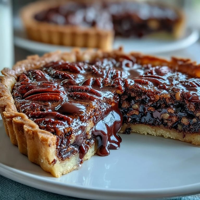 Glossy Kentucky Derby chocolate bourbon pecan tart, perfectly baked.
