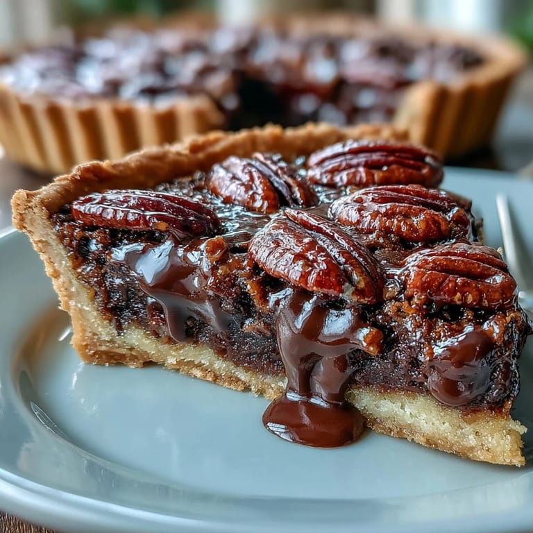 Rich, nutty Kentucky Derby chocolate bourbon pecan tart ready to slice.