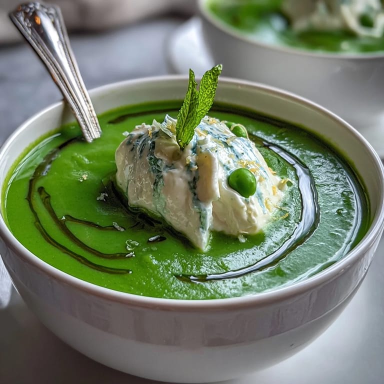 Green spring pea soup with dollops of airy ricotta and a drizzle of mint oil.