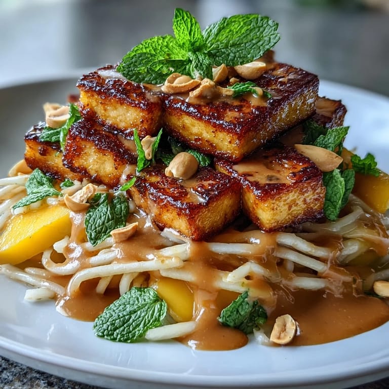 Refreshing Thai mango salad with golden tofu, bright colors, and zesty peanut dressing.