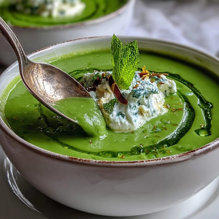 Smooth bowl of Spring Pea Soup, lusciously swirled with ricotta and mint infusion.