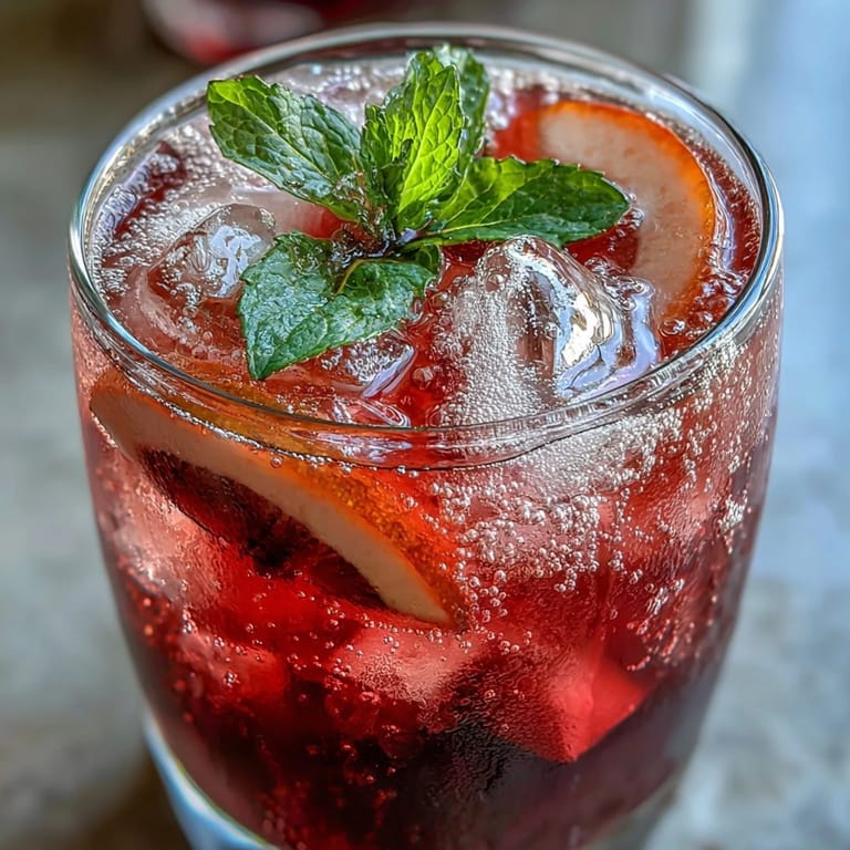 Refreshing Sparkling Hibiscus Mint Lemonade Mocktail poured over ice for enjoyment.