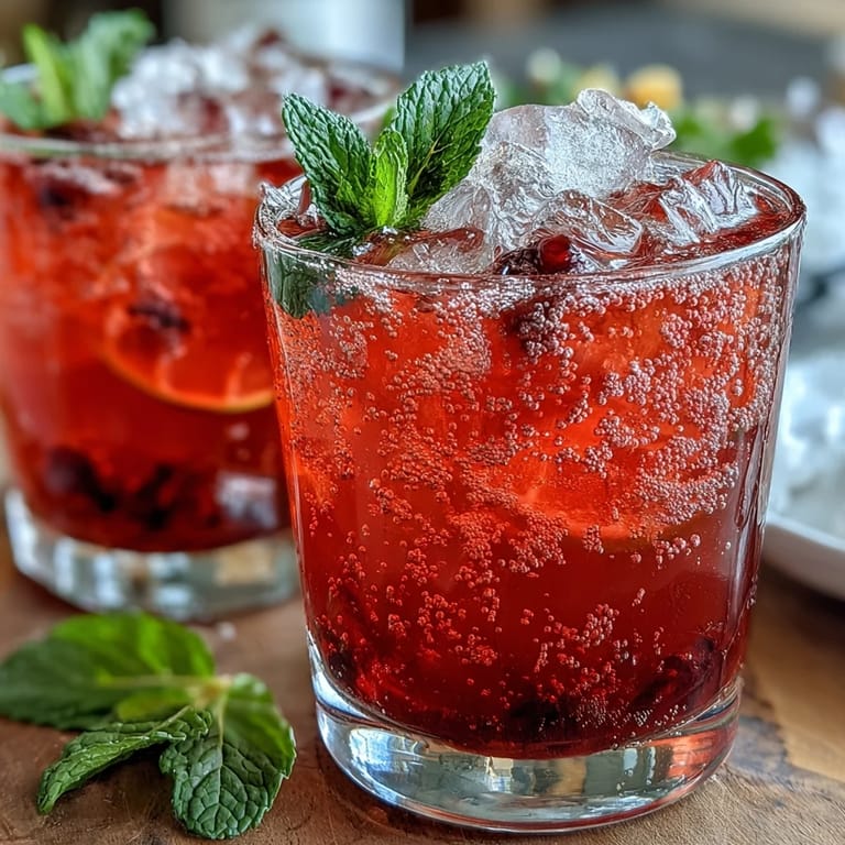 Bright red Sparkling Hibiscus Mint Lemonade Mocktail served with lemon slices.