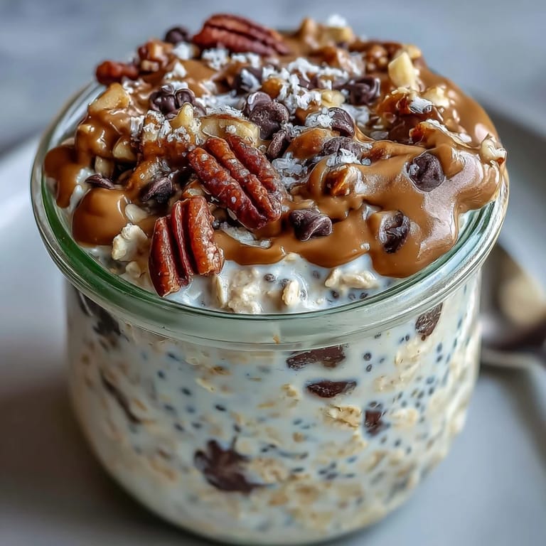 Creamy Protein Cookie Dough Overnight Oats topped with nuts and chocolate, perfect for mornings.