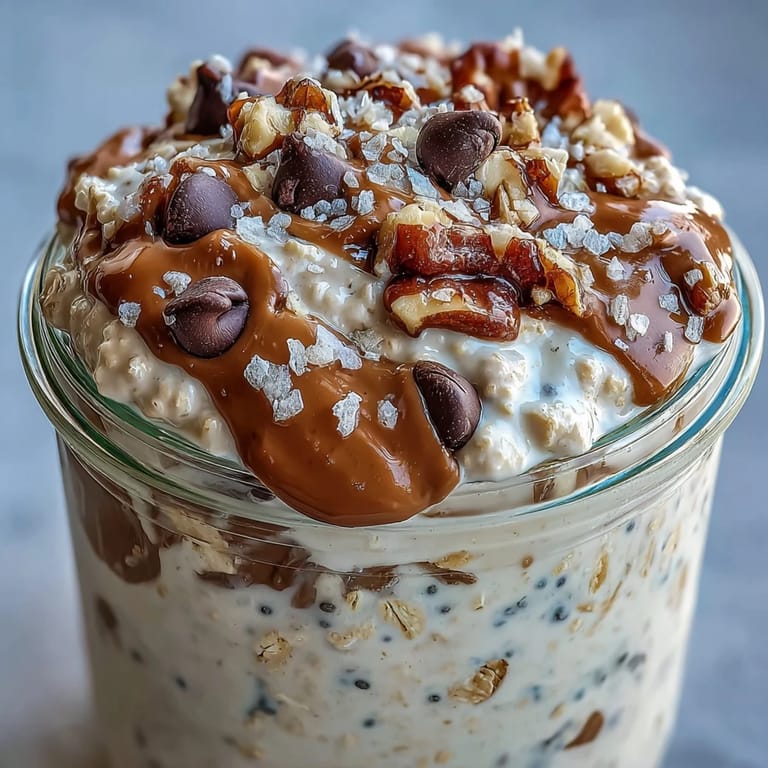Rich Protein Cookie Dough Overnight Oats with a swirl of peanut butter and oats.