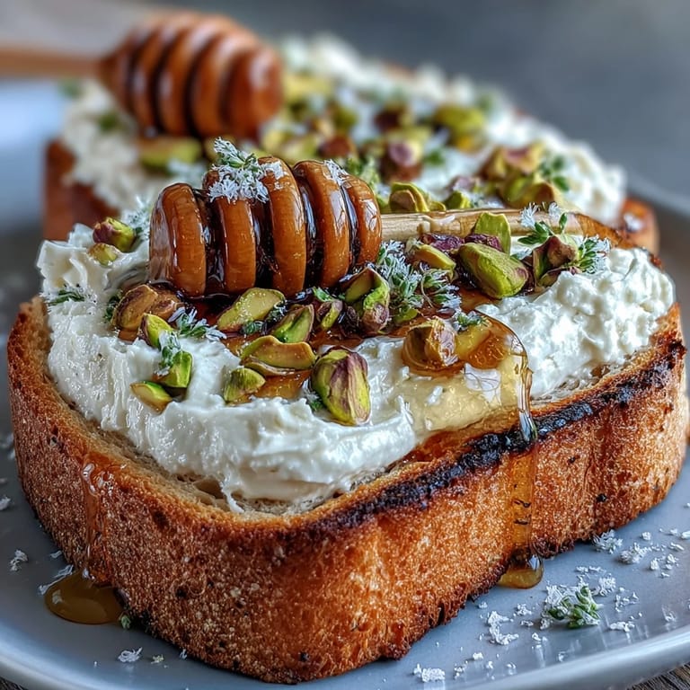 Gourmet Whipped Ricotta Toast with Honey and Pistachios, a sweet and savory delight.