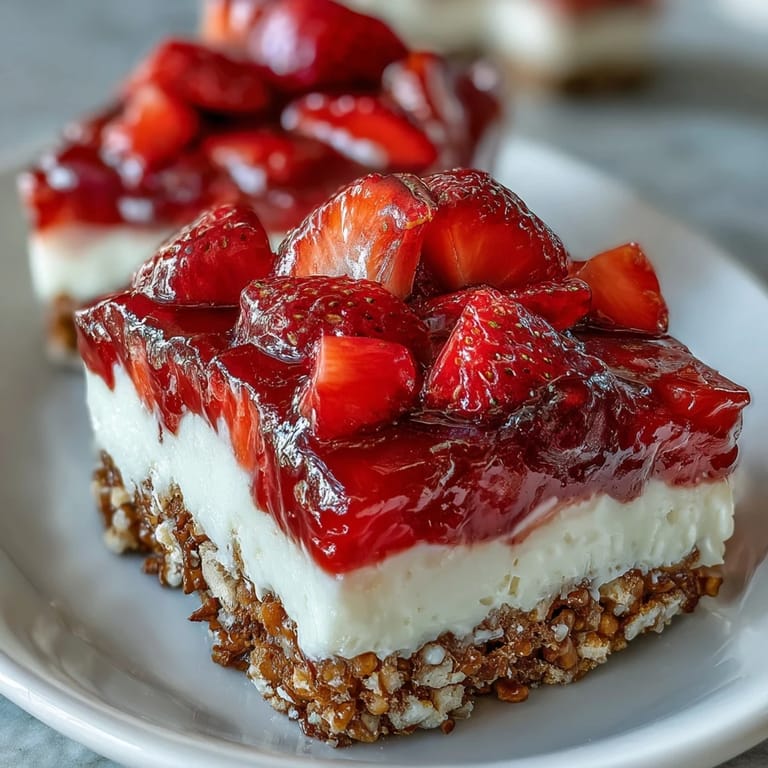 Bright red strawberry pretzel salad dessert bars topped with fresh berries, ready to chill.