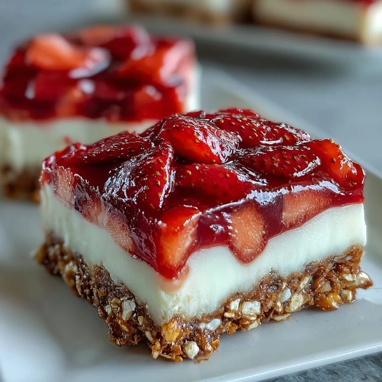 Close-up of layered strawberry pretzel dessert bars showing crunchy pretzel base and fruity topping.