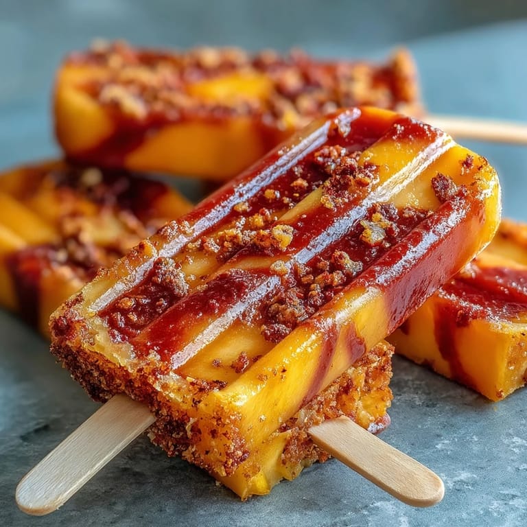 Close-up of Fricy Mango Chamoy Popsicles with Tajin, their icy texture glistening.