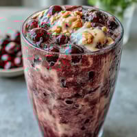 A tall glass of Cherry Almond Smoothie filled with vibrant red puree, garnished with sliced almonds and fresh cherry halves, ideal for a quick breakfast.