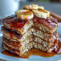 Fluffy golden Banana Oat Pancakes topped with sliced bananas and a drizzle of maple syrup on a white plate.  