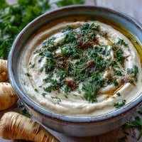 Creamy roasted parsnip and herb soup served warm with fresh herbs and a drizzle of olive oil.