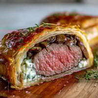 Perfectly seared beef tenderloin with mushroom duxelles wrapped in golden, flaky puff pastry, a classic Beef Wellington ready to slice.