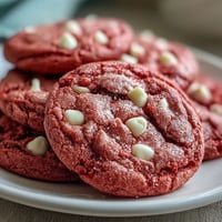 Freshly baked Pink Velvet Cookies with white chocolate chips on a cooling rack.