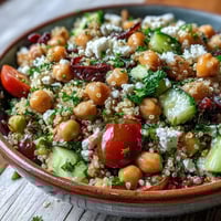 A vibrant bowl of High Protein Quinoa & Chickpea Salad featuring chickpeas, diced tomatoes, cucumber, and crumbled feta.