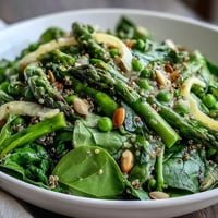 Spring Green Bowl with asparagus, peas, and spinach, drizzled with bright lemon dressing and topped with toasted seeds.  