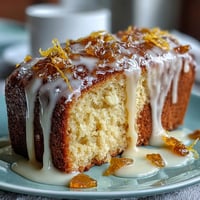 Golden Limoncello pound cake with lemon glaze, moist and fragrant, served on a white plate with a drizzle of citrus icing.