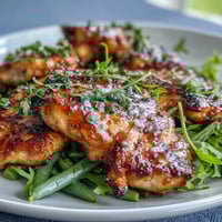 Honey Mustard Chicken with Green Beans served on a rustic wooden board, golden chicken glazed in tangy honey mustard sauce beside vibrant green beans.