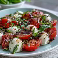 Fresh mason jar Caprese salad with layers of tomatoes, mozzarella, and basil, drizzled with balsamic dressing.