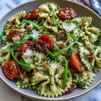 Fresh summer pasta salad with pesto and cherry tomatoes, bursting with color and flavor.  