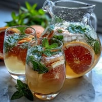A colorful pitcher of Spring Sangria Mocktail with white grape juice and fresh citrus slices, garnished with mint.