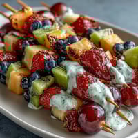 Rainbow Fruit Skewers with Honey Dip on a white platter, vibrant colors of strawberries, pineapple, kiwi, and grapes creating a cheerful, healthy snack for summer parties.
