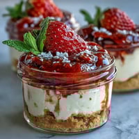1. Creamy no-bake strawberry cheesecake jars with layers of buttery graham cracker base, luscious cheesecake filling, and vibrant strawberry compote, garnished with fresh strawberries and mint.  