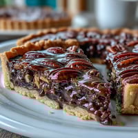 Decadent chocolate bourbon pecan tart slices with creamy whipped topping.