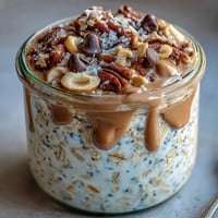 Protein Cookie Dough Overnight Oats layered with chocolate chips, ready for a healthy breakfast.