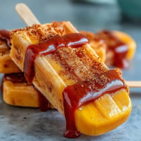 Vibrant Fricy Mango Chamoy Popsicles with Tajin on a sunny picnic table.